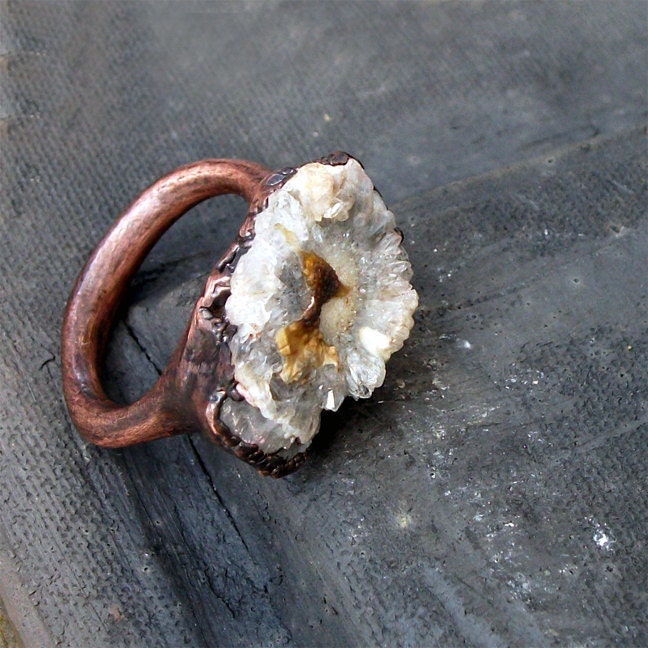Chalcedony Copper Ring Gem Stone Chalcedony Patina Druzy Dusty Grey Gray Artisan Crystal