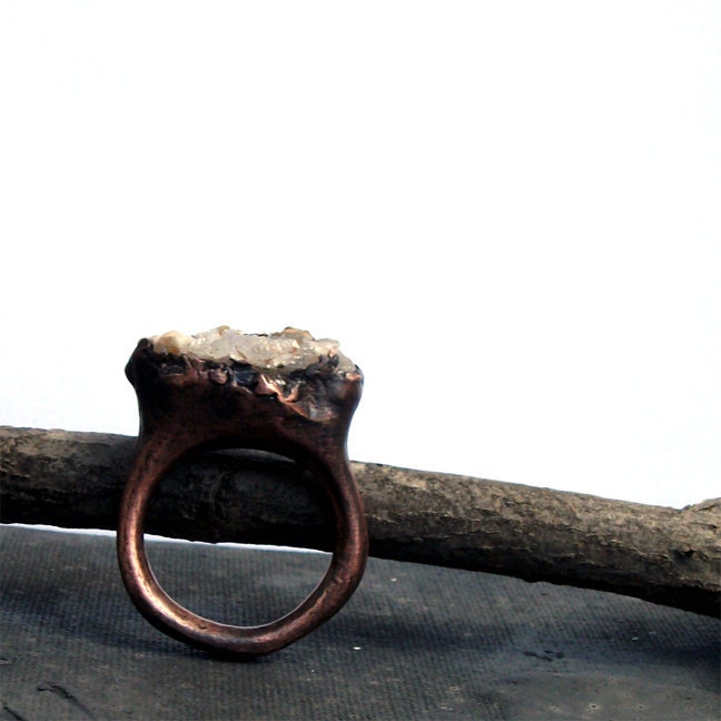 Chalcedony Copper Ring Gem Stone Chalcedony Patina Druzy Dusty Grey Gray Artisan Crystal