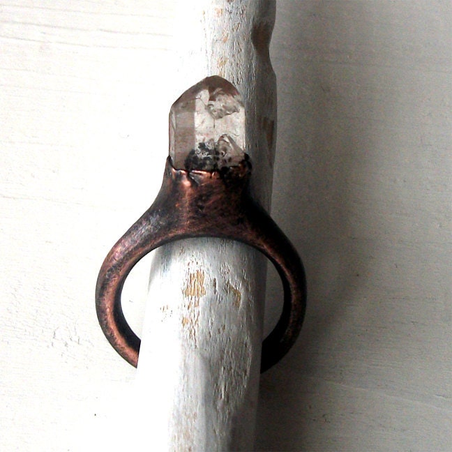 Copper Ring Phantom Quartz Raw Quartz Crystal Ice Natural Gem Stone Patina Artisan