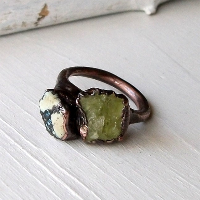Turquoise Beryl Copper Ring Spring Yellow Green Chartreuse Gem Stone Artisan Handmade