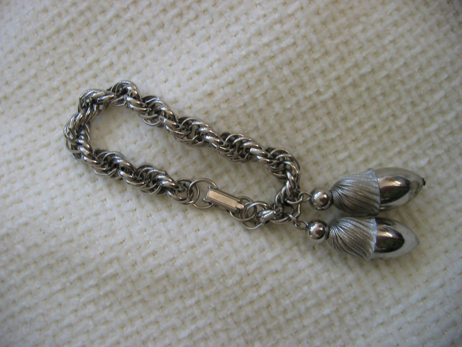 Vintage Charm BRACELET. Silver tone metal with 2 acorns.  1960's.  Fabulous