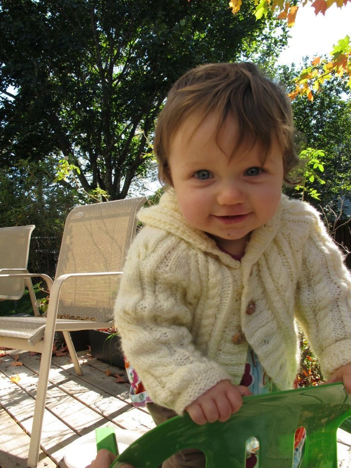 Cardigan Sweater With Cables and Hood  For Baby or Toddler Sizes 6 mth up to 2 Yrs Wool Knitted
