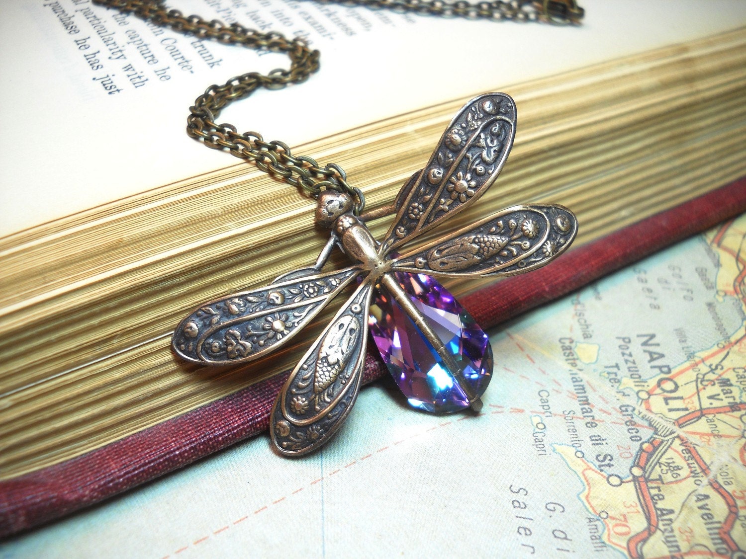 Dragonfly Necklace - Swarovski Rainbow Crystal Antique Brass Necklace Amethyst Birthstone