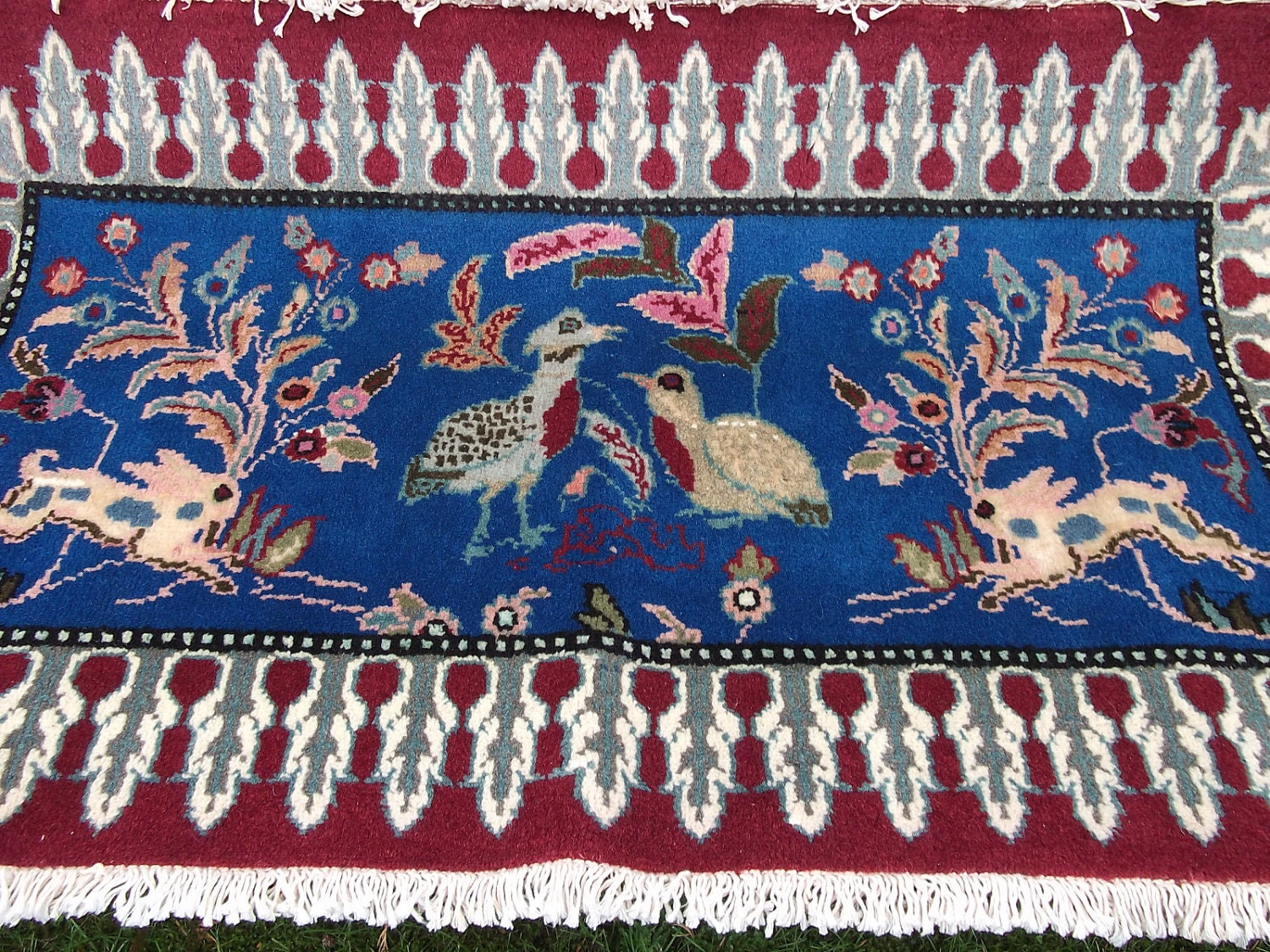 Fun Blue Pictorial rug/kilim from Kashmir. Children's room. Hand woven. Hares, birds.
