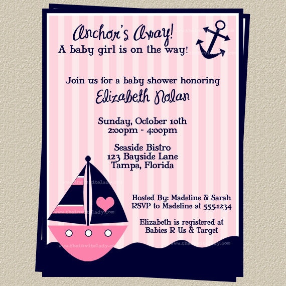 Pink Nautical Baby Shower Invitations for Girl, Anchors Away, FREE Shipping, Set of 10 Invites and Envelopes