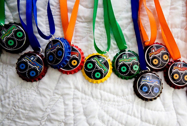 12 Boys Bottlecap Party Favors Monster Truck Super Cool Assorted Colors