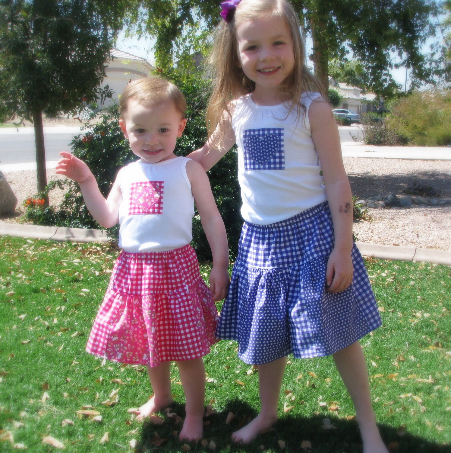 SALE Coordinating Sister SETS - Extra Twirly, Extra Girly Picnic Skirt Tank Top SET- Baby Toddler Girls Drop Waist Skirt - Gingham Garden