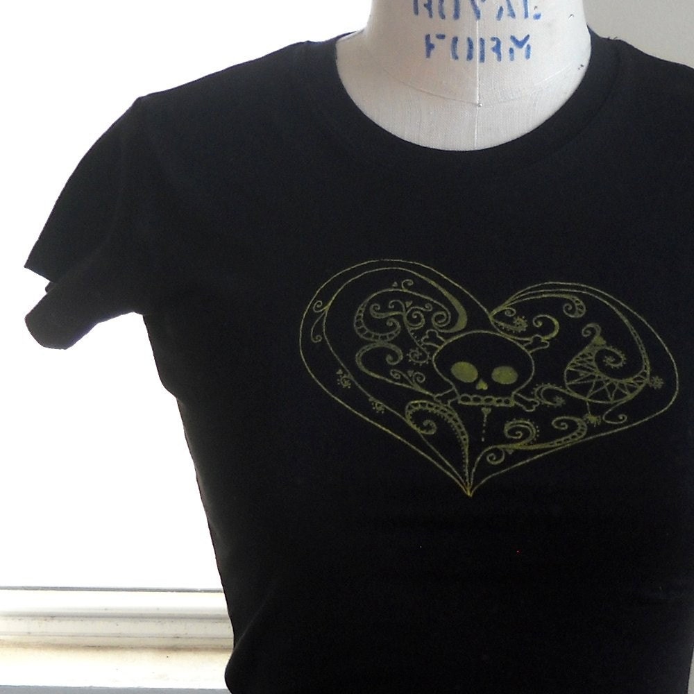 Skully Heart short sleeved ladies cotton Tee Shirt in black or custom colors