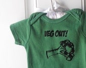 baby onesie, "VEG OUT" broccoli vegetable, cotton baby bodysuit in hand dyed green or custom colors