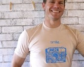 Mens Camera  Tshirt, "smile for the camera" tee shirt, dyed peachy tan or custom colors