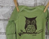 OWL Baby Bodysuit, Long Sleeve cotton onesie Onesie, Little Owl, in apple green or custom colors