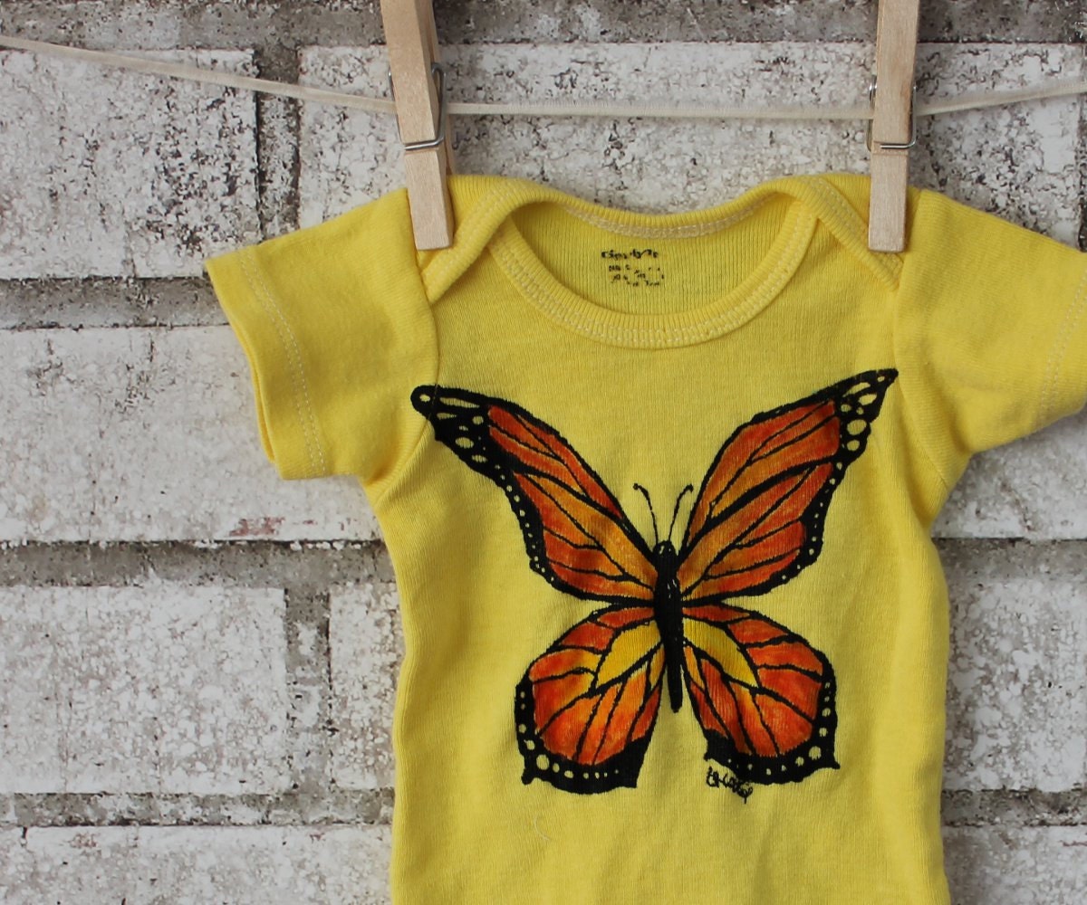 Butterfly Baby Onesie, Cotton Baby Bodysuit, Hand dyed yellow or custom colors. - CausticThreads