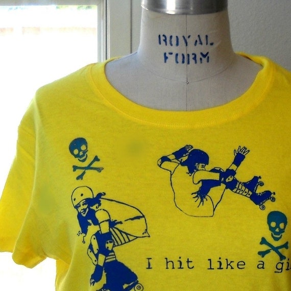 Roller Derby Tshirt, "I hit like a Girl" tee shirt in yellow or custom colors