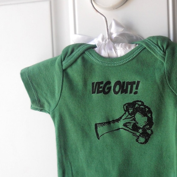 baby onesie, "VEG OUT" broccoli vegetable, cotton baby bodysuit in hand dyed green or custom colors