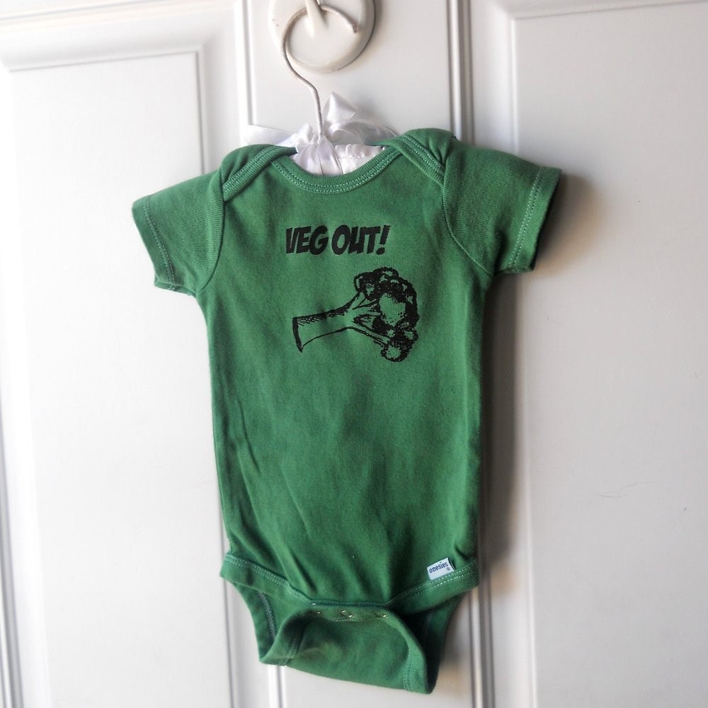 baby onesie, "VEG OUT" broccoli vegetable, cotton baby bodysuit in hand dyed green or custom colors