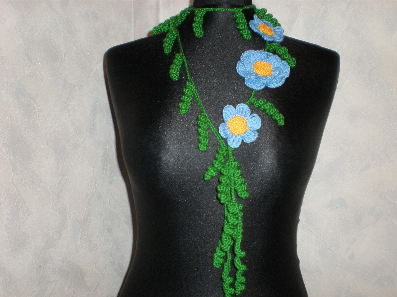 Hand crocheted light blue elegant lariat,scarf, headband