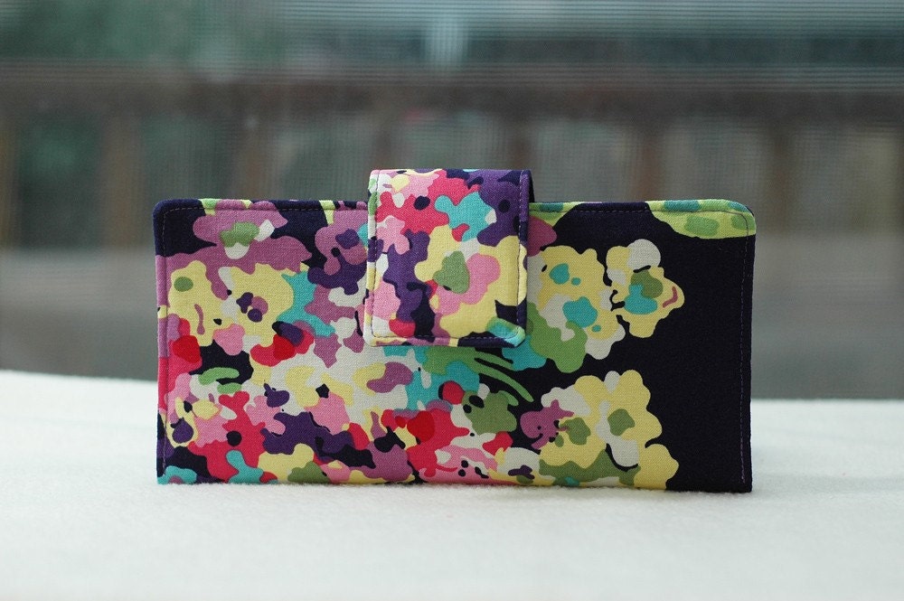 Handmade wallet amy butler love fabric dark blue with bouquets