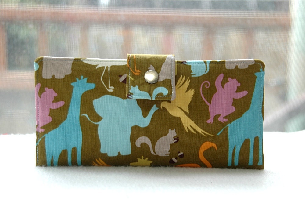 Handmade womens wallet   Handmade vegan cotton wallet green animals