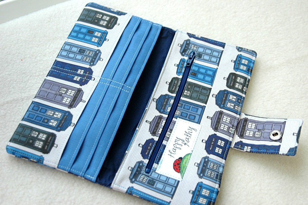 Handmade womens wallet Dr Who Tardis custom handmade vegan wallet cotton