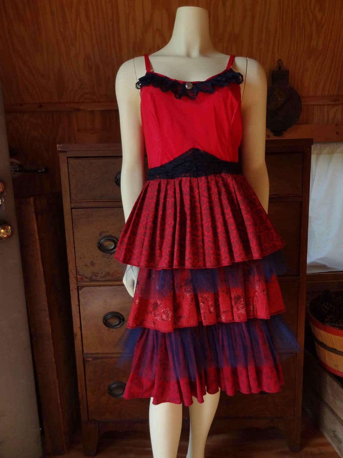 Red Slip Dress Vintage Inspired Altered  "Little Red Riding Hood"