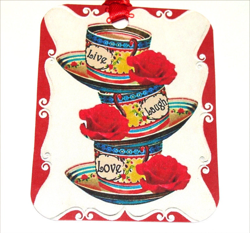 CO-409- Retro Stack Of Cups With Red Flowers Live Laugh Love Set of 6 Tags - SiriusFun