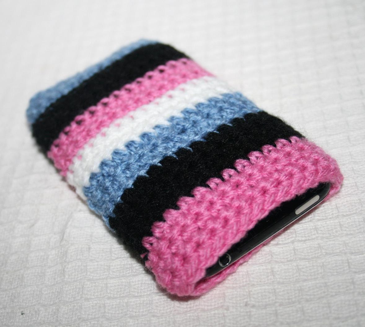 Striped Iphone Cover, Crocheted iPhone Case, Pink Blue White Black, Iphone 4 Summer Cozy, Cellphone Sock, Candy striped - Etsy Gift