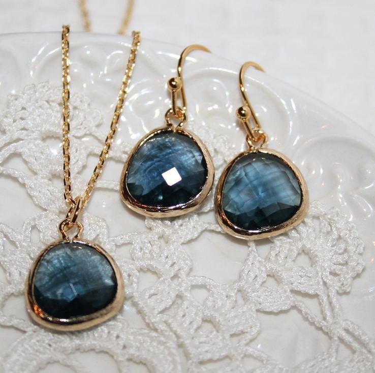 Montana Blue Drop bezel set Necklace and Earrings Set, Bridesmaids favors, Bridesmaids Jewelry, Gold filled -Bridal Wedding Jewelry