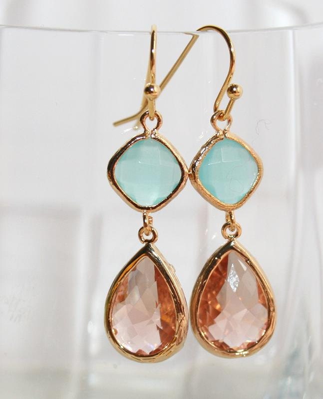 Pink Champagne and Mint Wedding Gold Earrings, Peach Mint Teardrop Earrings, Faceted Mint Peach Glass Drops bezel set earrings, Bridal, Gift