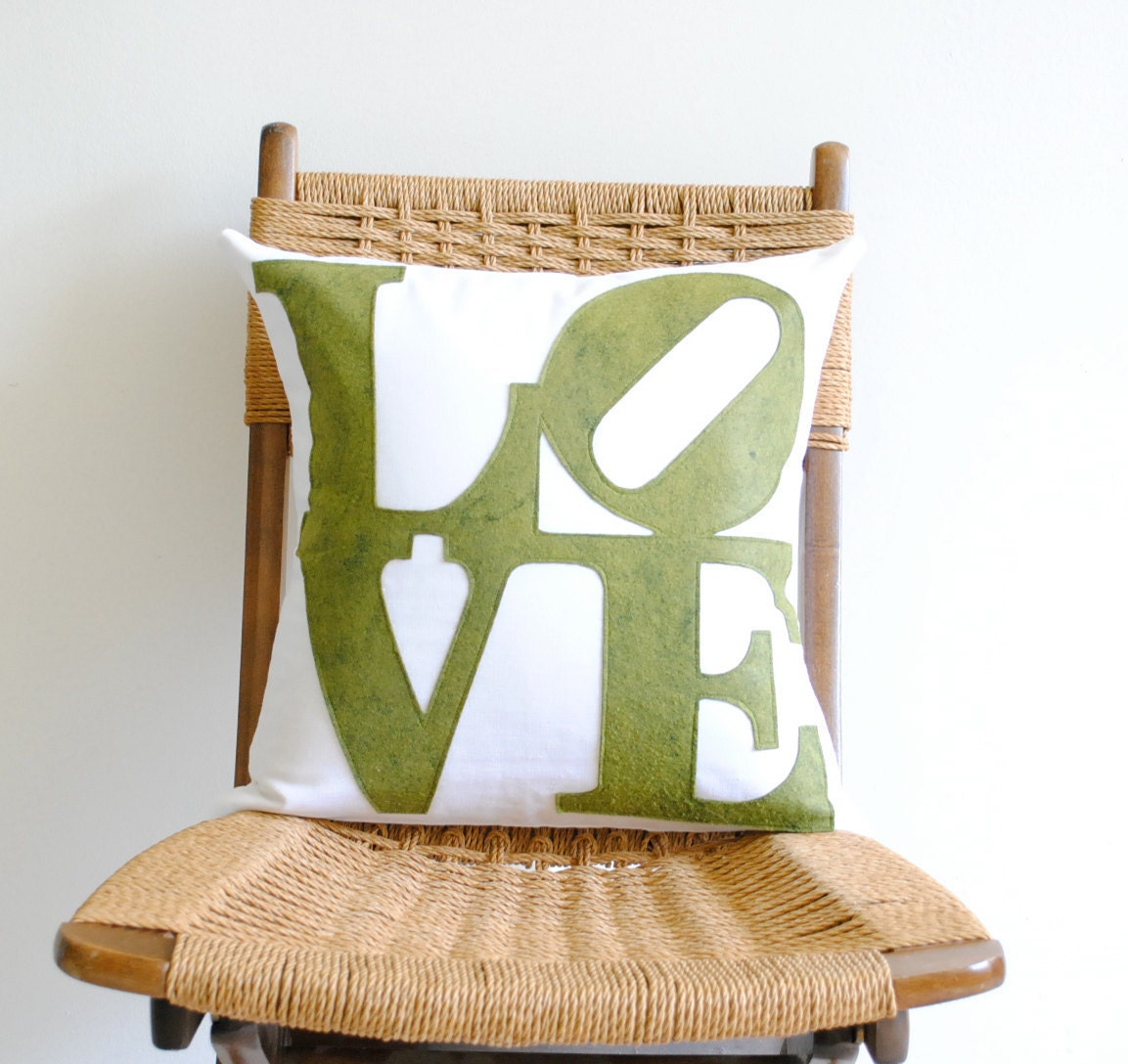16" White Linen and Green Felt Pillow Cover - LOVE by Pillow Factory