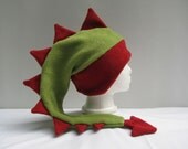 Dragon Hat - Sage Green and Red Fleece Dinosaur Ear Flap Hat by Ningen Headwear