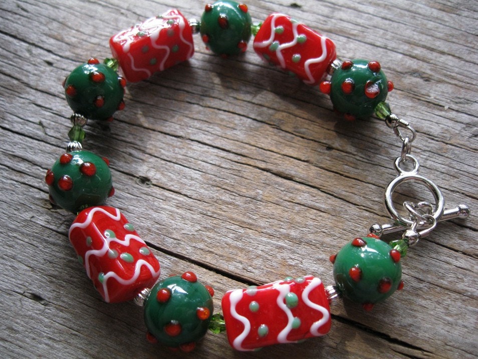 Christmas Green, Red Lampwork Bracelet for Large Wrist