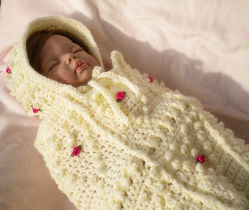 Crocheted IrishKnit Newborn Cocoon.Bonnet w Heart Design.SilkRoses Newborn