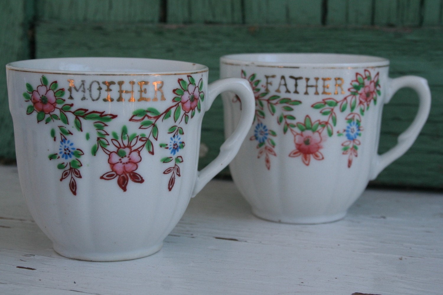 coffee mugs / pair (2) MOTHER & FATHER floral / handpainted flowers JAPAN shabby