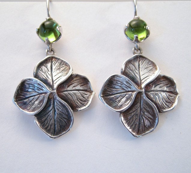 Peridot Oak Leaf Hydrangea Earrings Sterling Silver
