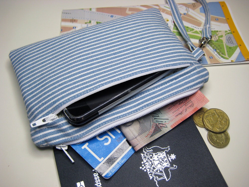 Zip Clutch, Phone Wallet Wristlet, Travel Wallet, Passport Case, Padded Camera/Gadget Pouch in the Light Blue and White Striped Denim