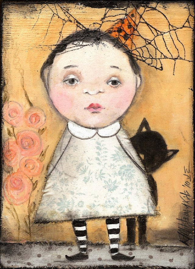 FOLK ART HALLOWEEN CHILD CAT REAL SPIDER WEB PRINT OF PAINTING