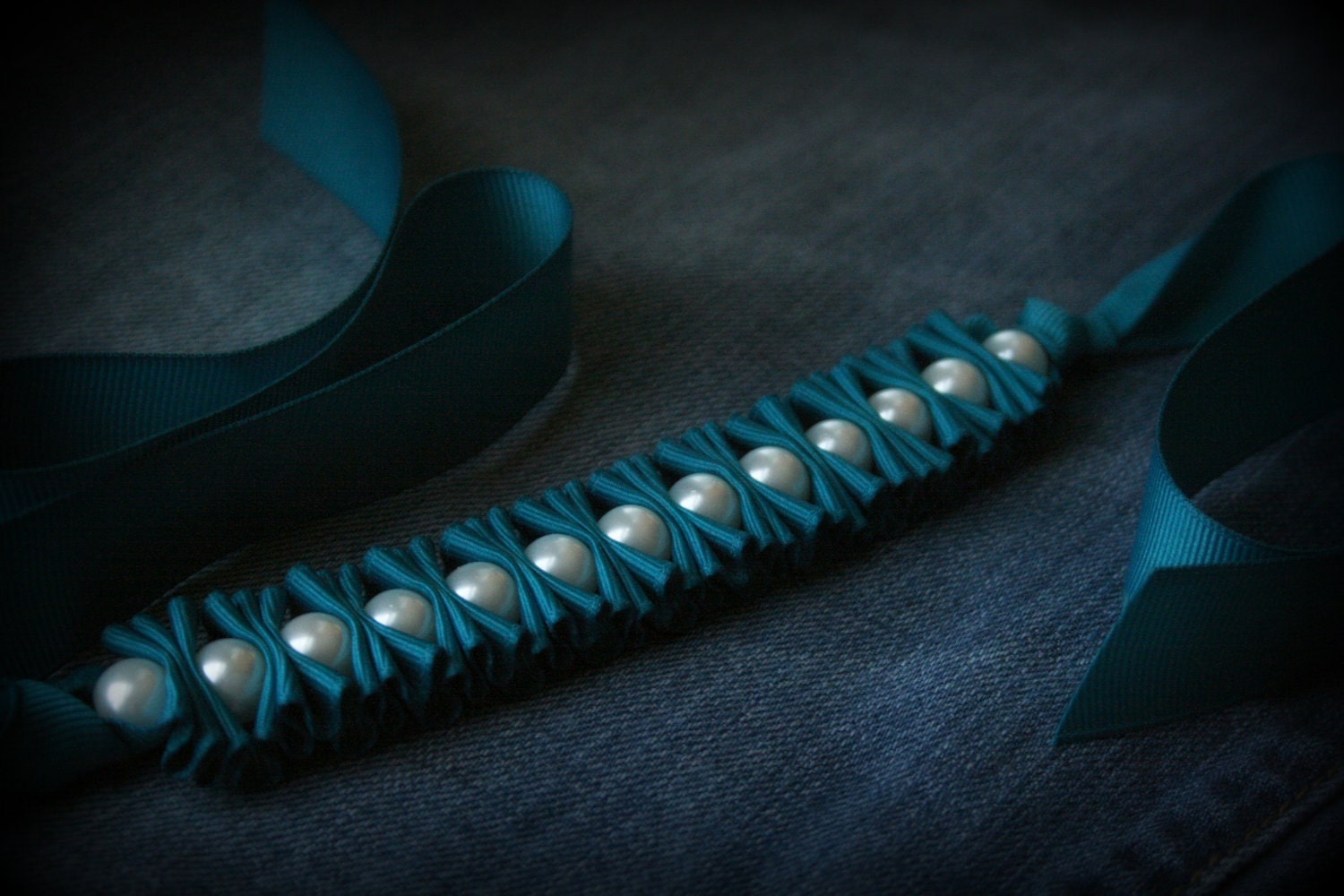 See Description for a coupon code Ribbon Bracelet -Deep Teal Millie Ruffles and Pearls Ribbon Bracelet Jewelry
