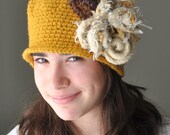 Mustard Crochet Hat, Cloche Hat, Mustard Cloche Hat with Cream Felted Roses, Fapper Hat, Vintage Retro Hat