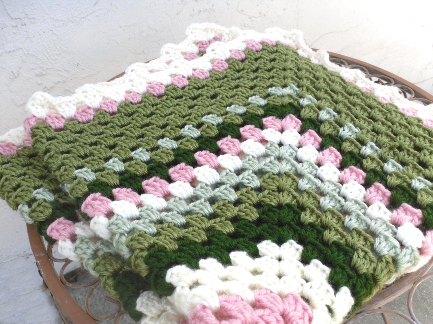 Granny Square Crochet Baby Toddler Blanket Afghan for Girl - In Green and Pink- By Tejidos on Etsy