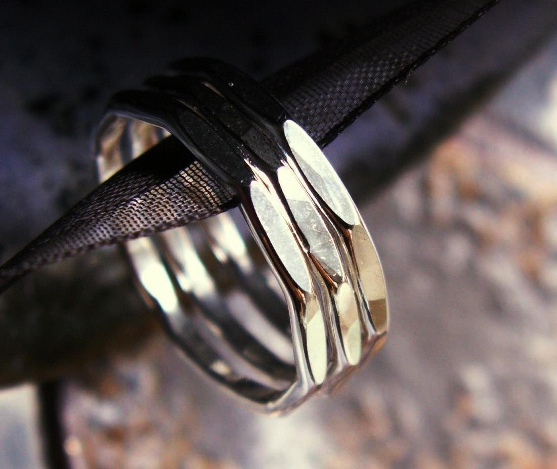 Four Artisan Reflection Rings, 14 Gauge Sterling Silver ....Set of 4 for Stacking - Handmade