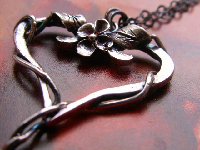 Floral Heart Pendant- Flower, Leaves, Vine, Sterling Silver Metalwork, Art Nouveau, Renaissance, Gothic