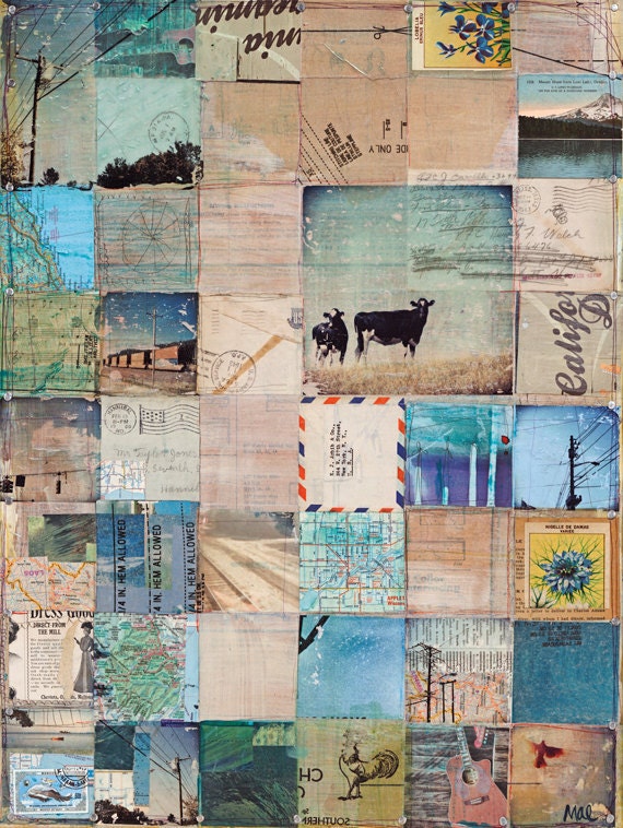 American West - 16 x 20 paper print - rustic, rural, americana themes with blues, neutral colors and found ephemera