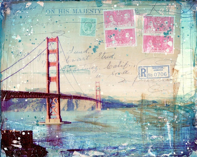 Kingston - 10" x 8" paper print of San Francisco California themed mixed media collage, golden gate bridge, west coast pacific photography