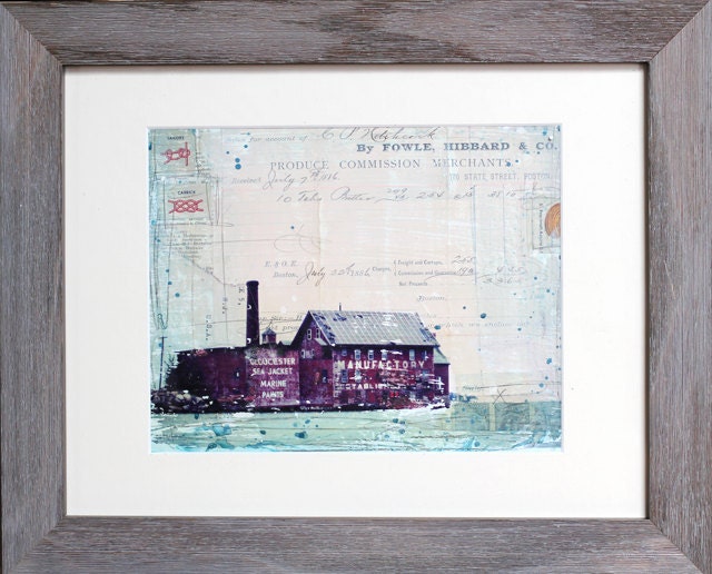 Gloucester - framed 10" x 8" original mixed media on paper - Gloucester Massachusetts Boston sailing beach collage nautical typography text