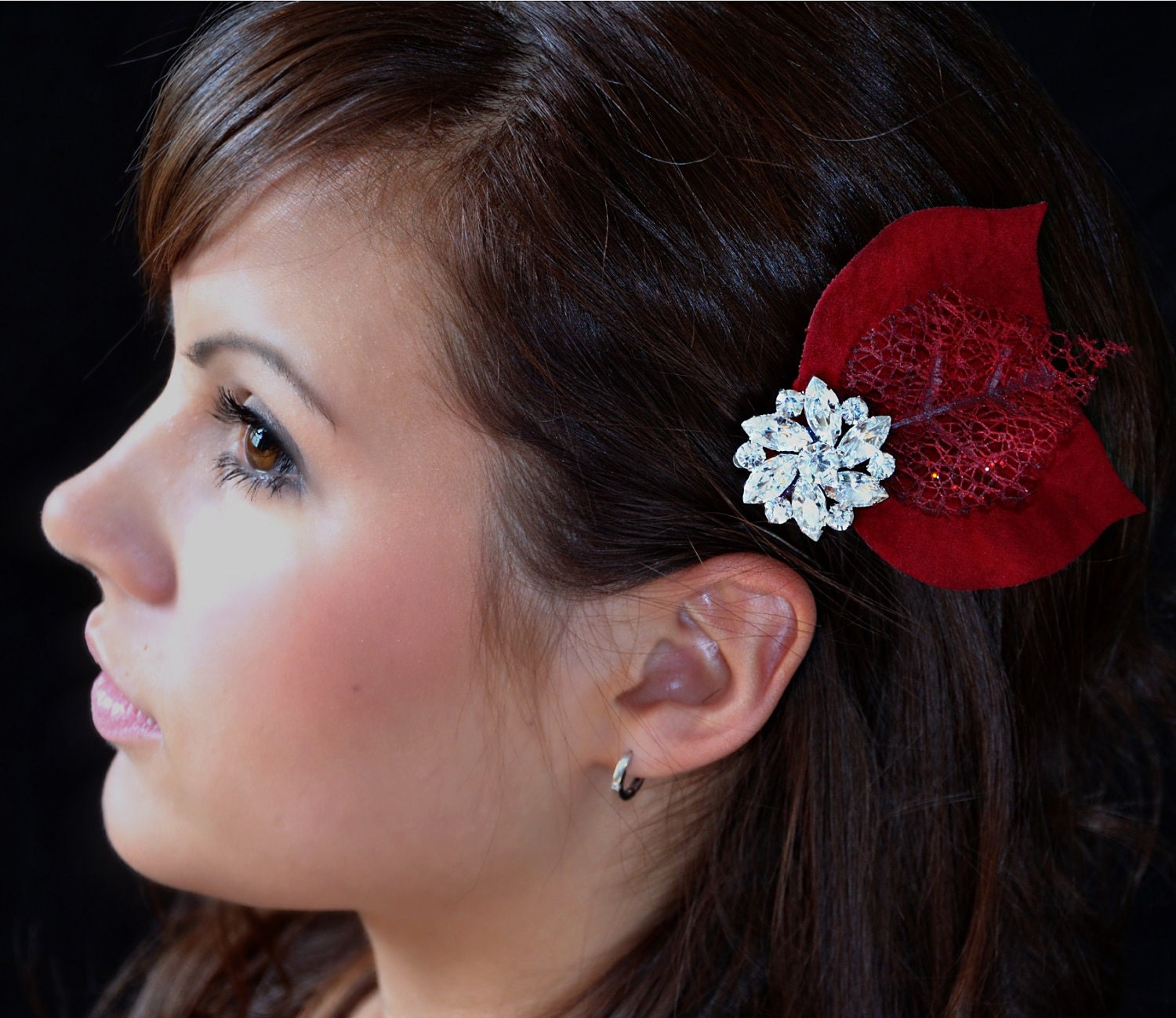 Eve, a rhinestone embellished red poinsettia head piece, hair clip, pin, or shoe clip