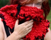 Handknitted soft chunky red and black cowl: 'Not just for Christmas'