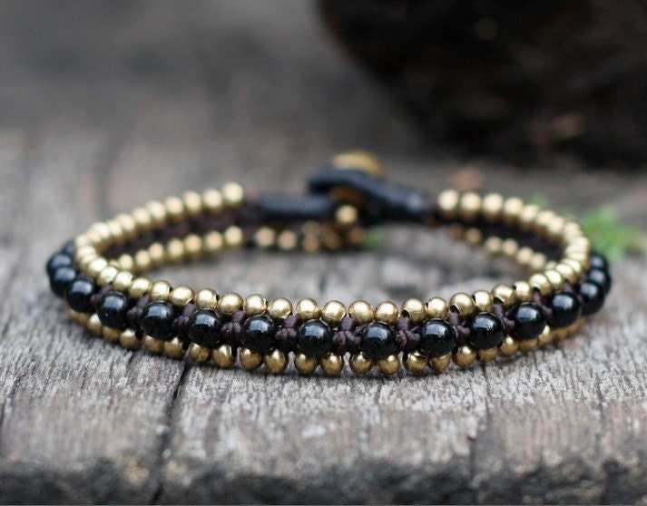 Black Bead Brass Bracelet