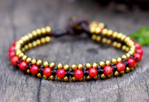 Coral Bead Brass Bracelet