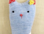 Little Blue Kitten - upcycled eco friendly pillow home decor, hand sewn and hand embroidered