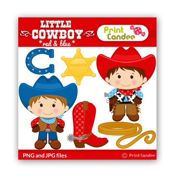 Little Cowboy (Red & Blue) - BUY 2 GET 1 FREE - Digital Clip Art - Personal and Commercial Use -horse shoe, boot, sheriff badge, rope